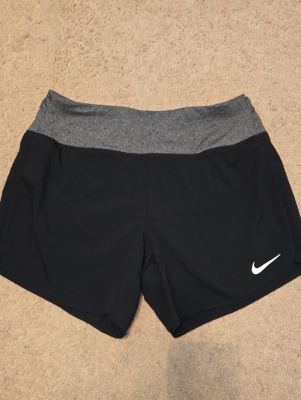 Nike Women's Black Shorts with Gray Waistband and White Swoosh Small